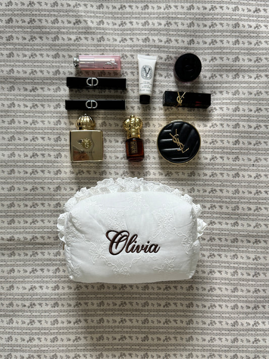 Makeup Pouch - White Bloom Ruffle - Custom Name