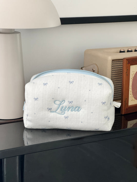 Makeup Pouch - Blue Ribbon - Custom Name