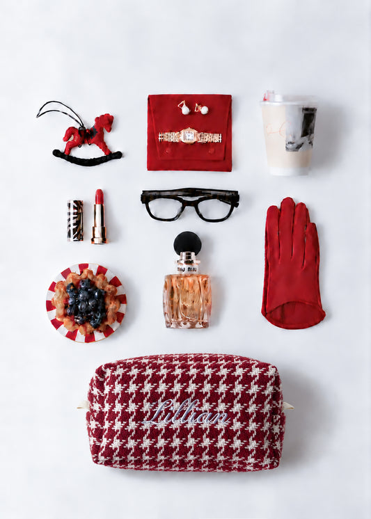 Makeup Pouch - Cherry Houndstooth - Custom Name
