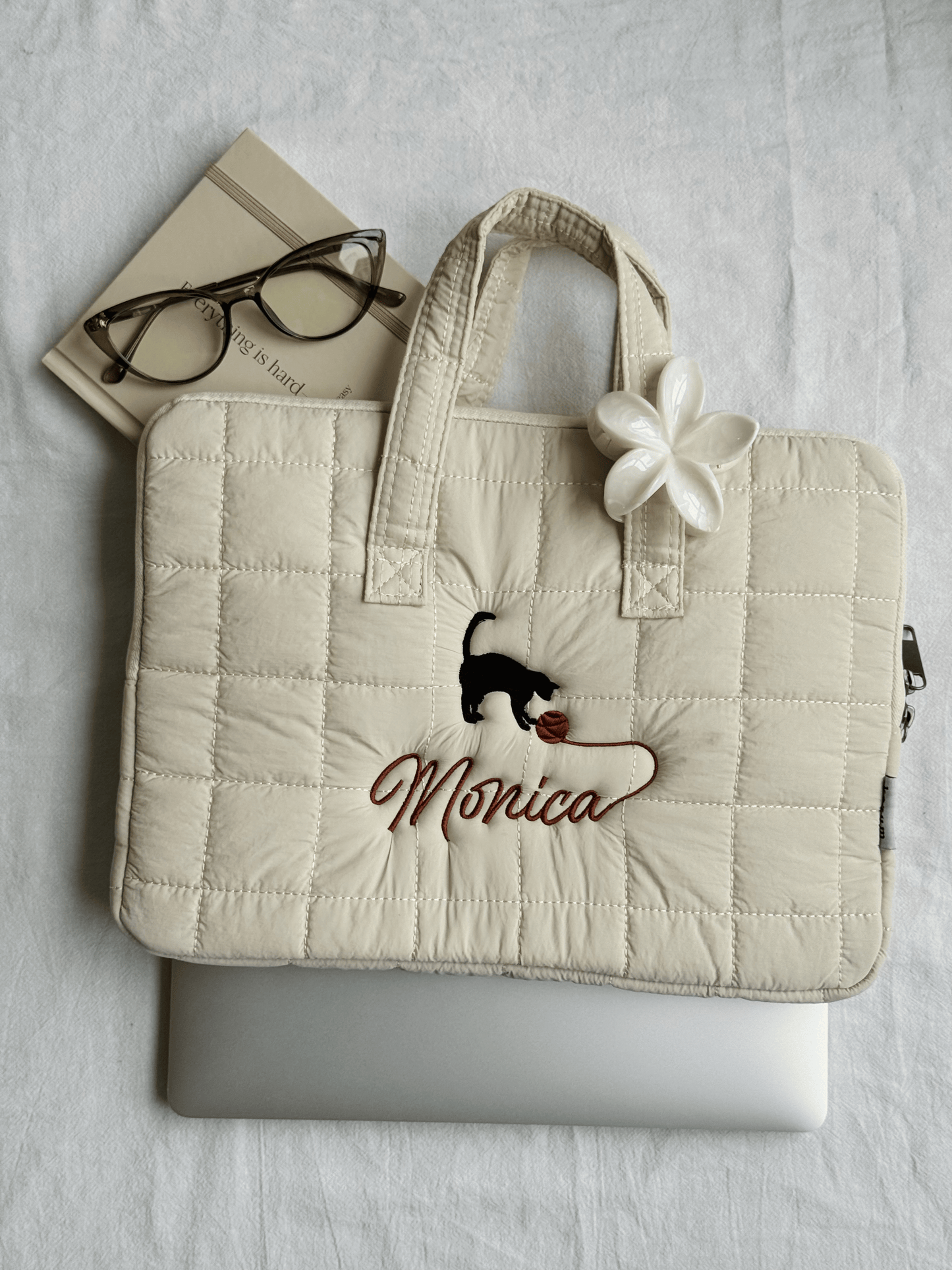 Personalized Quilted Laptop Sleeve with Embroidered Name & Cat Design - 13 inches