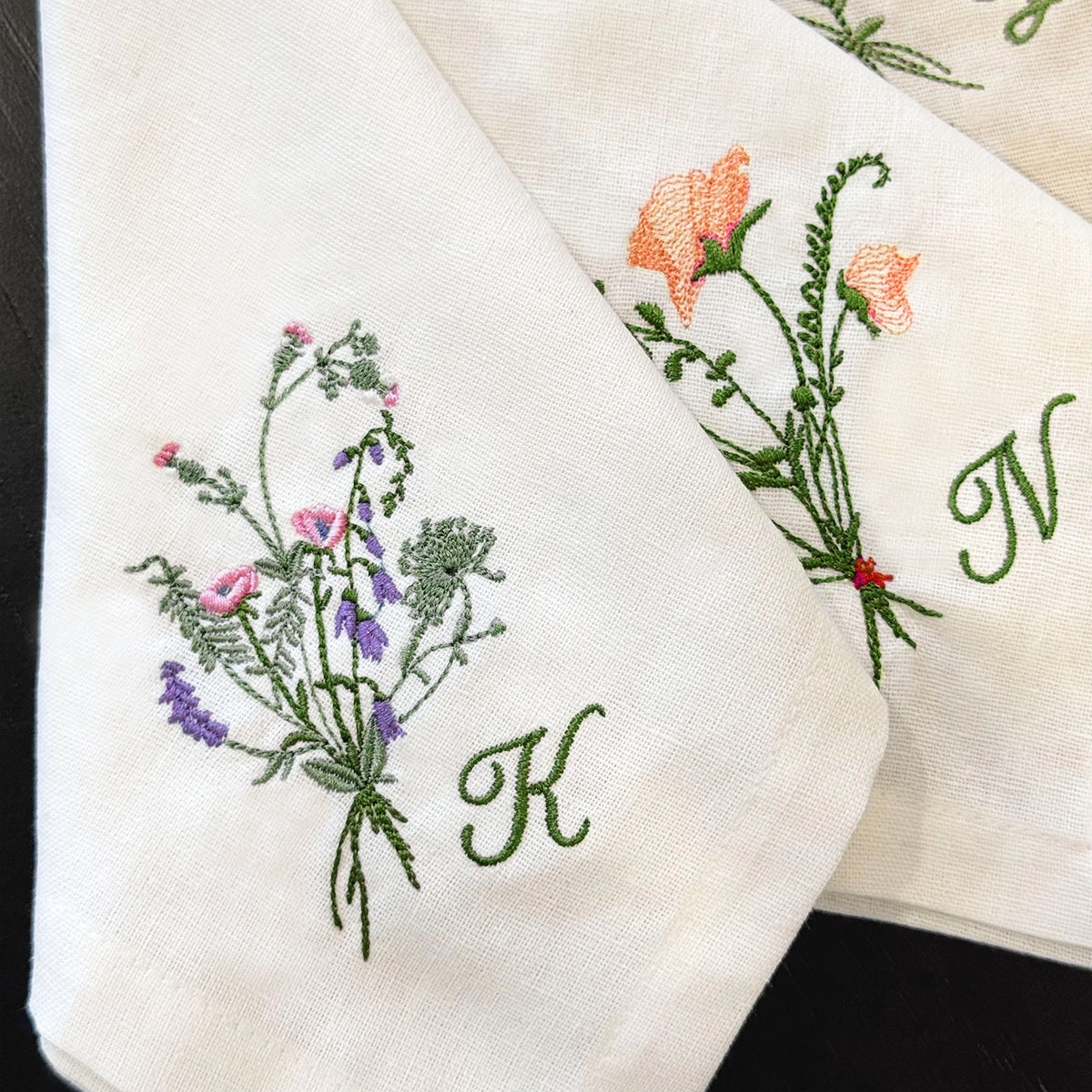Personalized Linen Napkins With Wildflower Embroidery - 18x18 inches