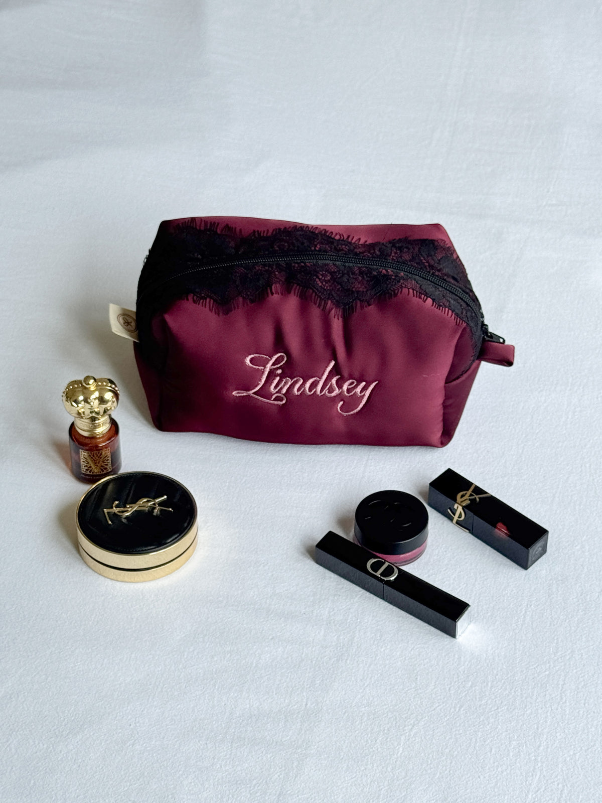 Makeup Pouch - Burgundy Lace - Custom Name