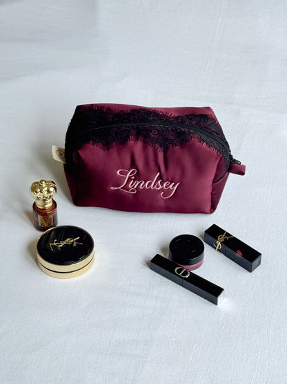 Makeup Pouch - Burgundy Lace - Custom Name