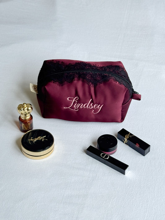 Makeup Pouch - Burgundy Lace - Custom Name