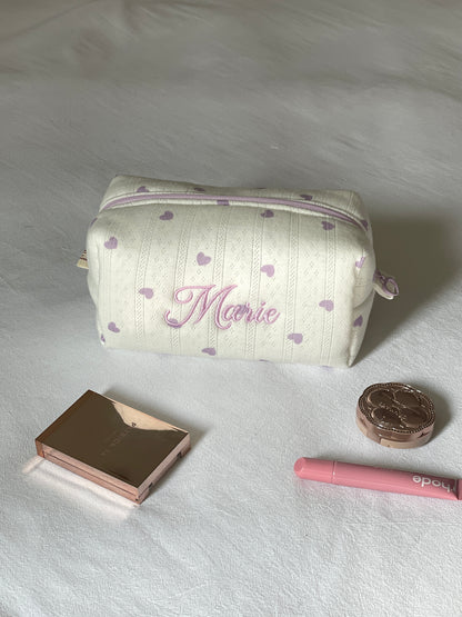 Makeup Pouch - Lavender Hearts - Custom Name