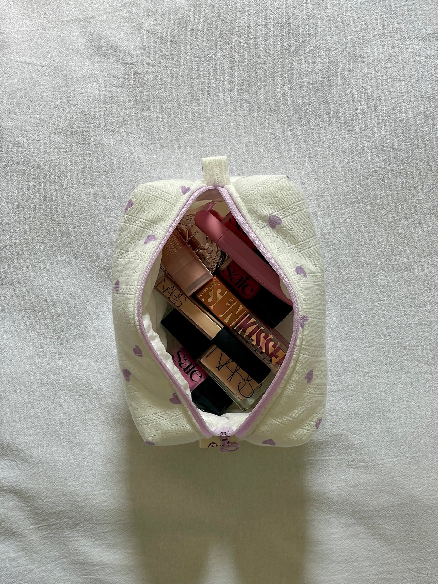 Makeup Pouch - Lavender Hearts - Custom Name