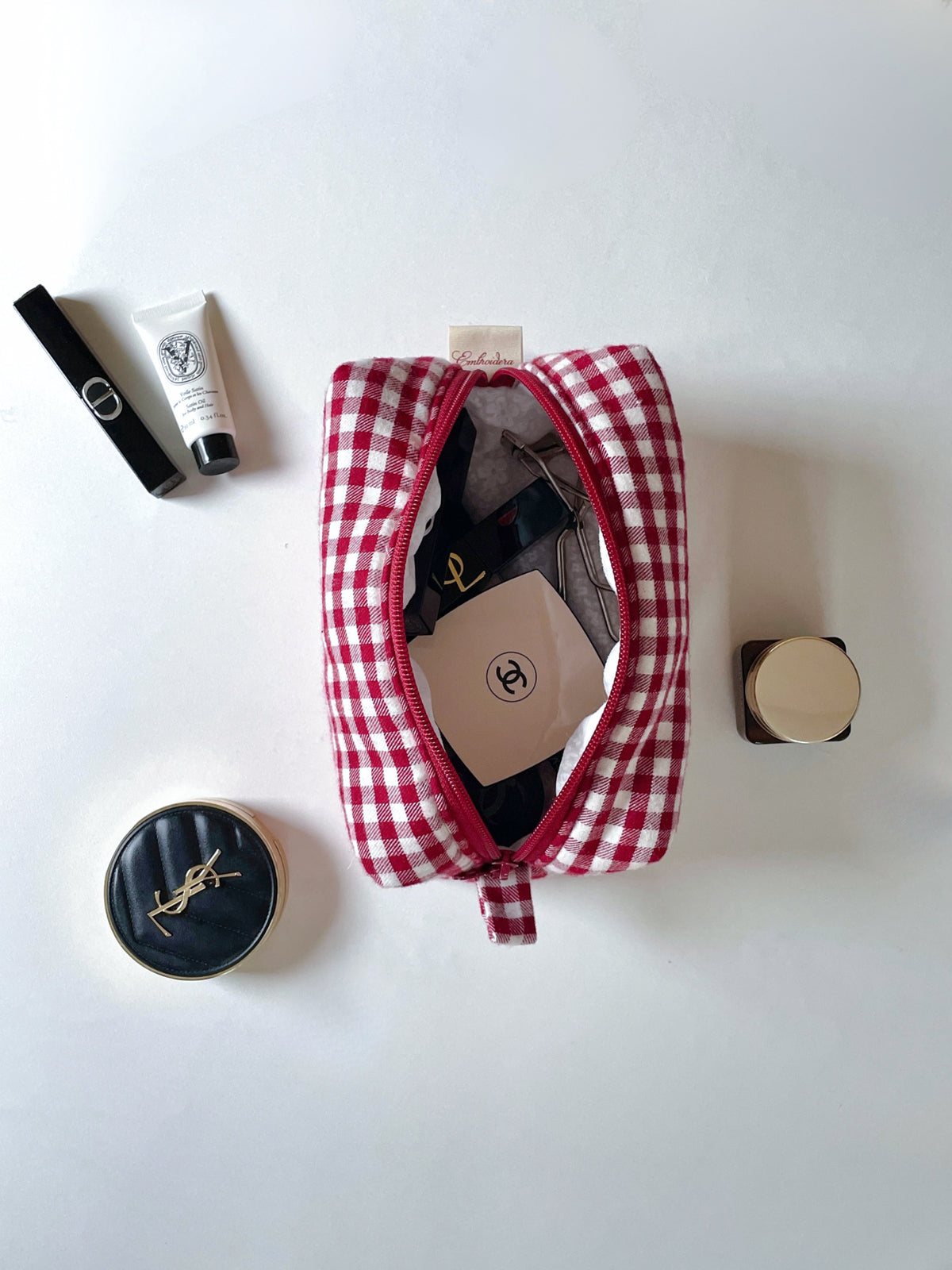 Makeup Pouch - Ruby Gingham - Custom Name