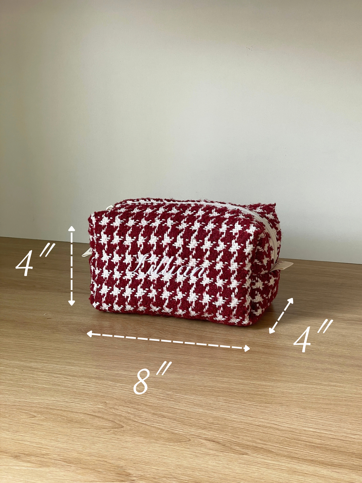Makeup Pouch - Cherry Houndstooth - Custom Name