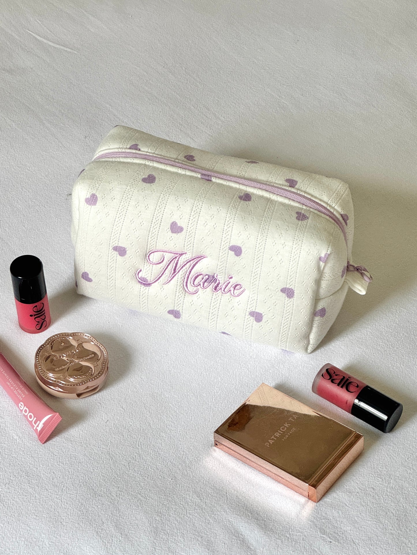 Makeup Pouch - Lavender Hearts - Custom Name