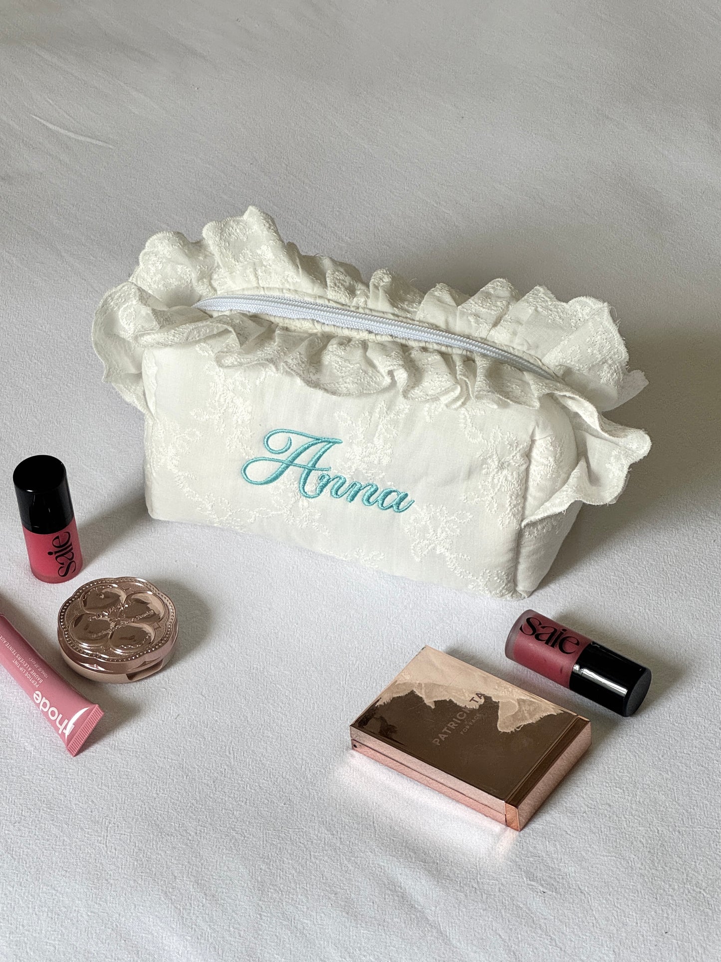 Makeup Pouch - White Bloom 2 - Custom Name