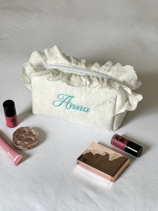 Makeup Pouch - White Bloom 2 - Custom Name