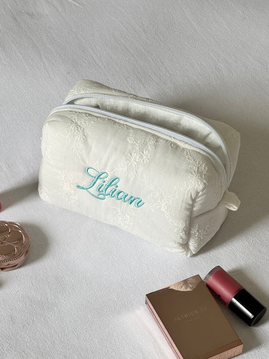 Makeup Pouch - White Bloom - Custom Name