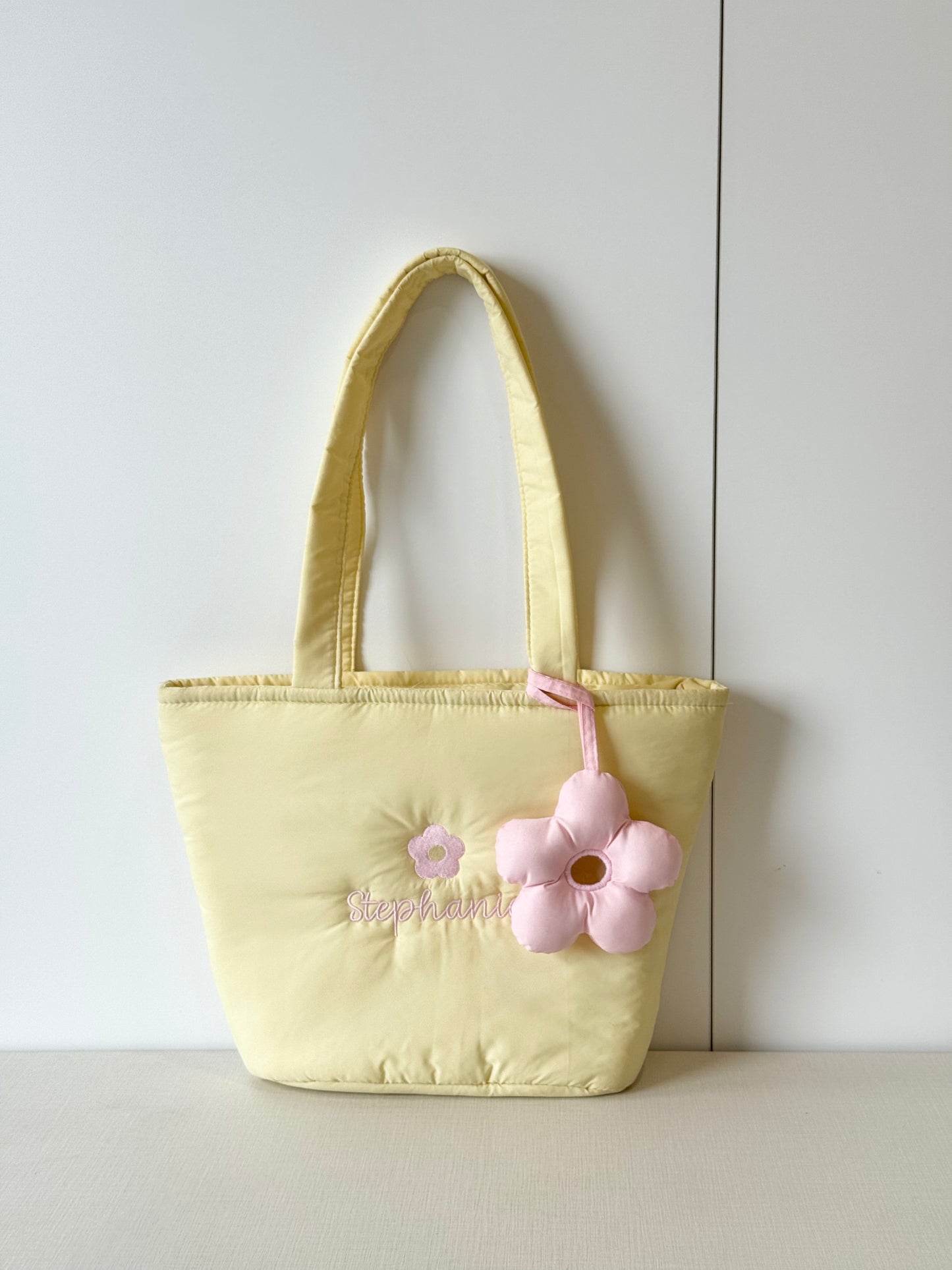 Personalized Puffer Shoulder Bag with Embroidered Name & Flower - 14x10 inches