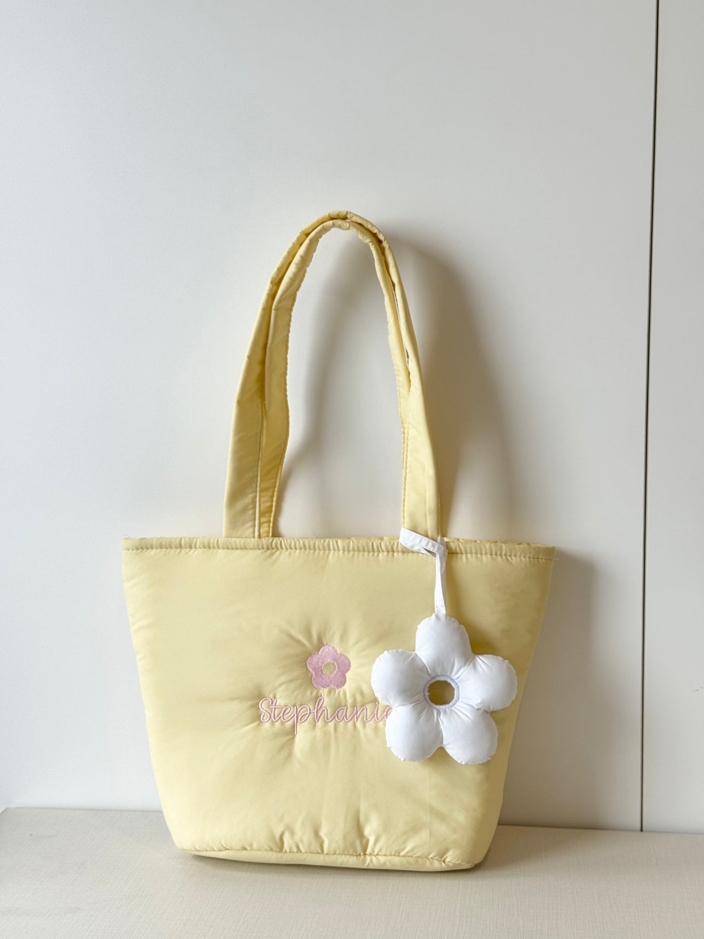 Personalized Puffer Shoulder Bag with Embroidered Name & Flower - 14x10 inches