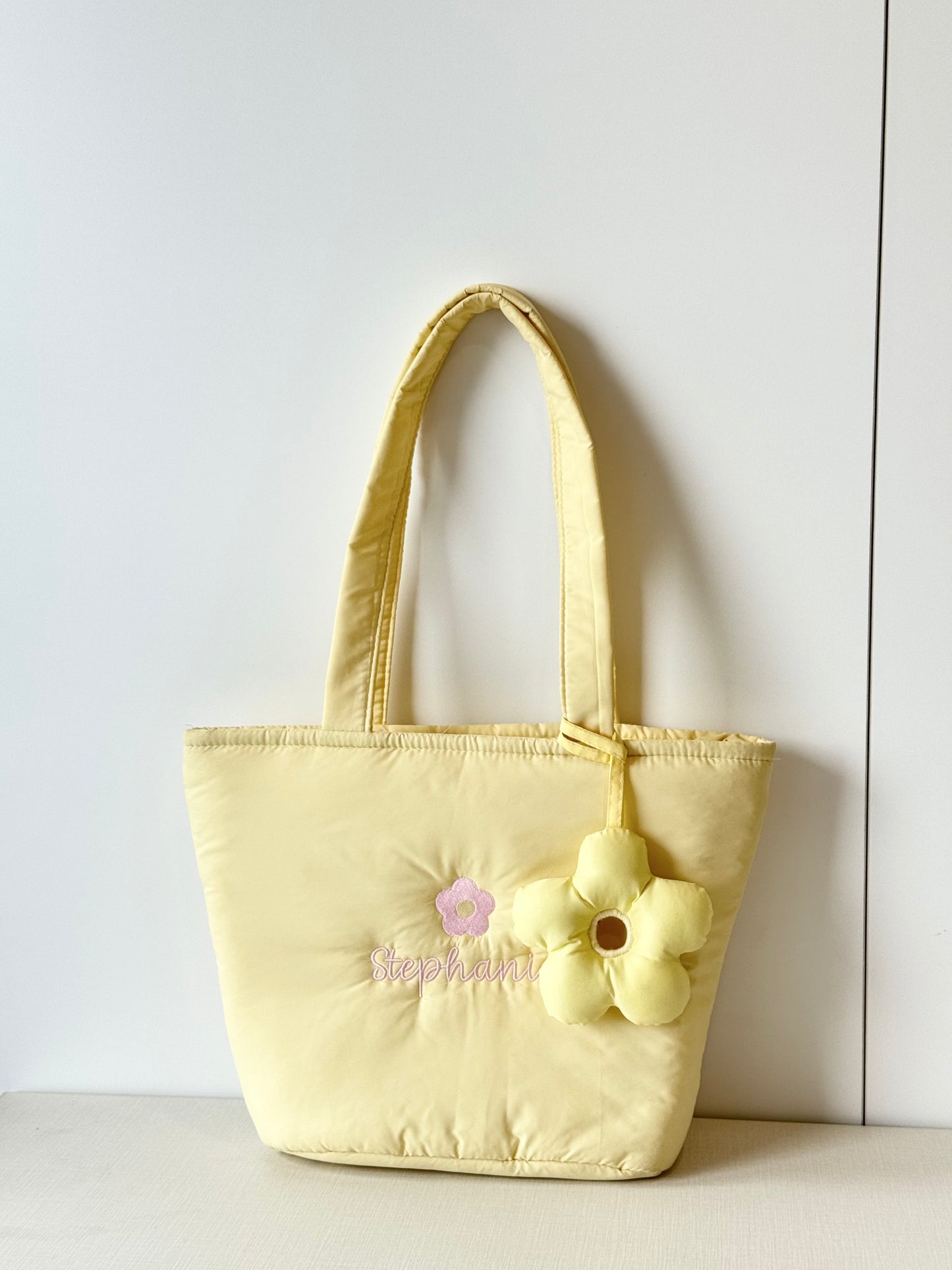 Personalized Puffer Shoulder Bag with Embroidered Name & Flower - 14x10 inches