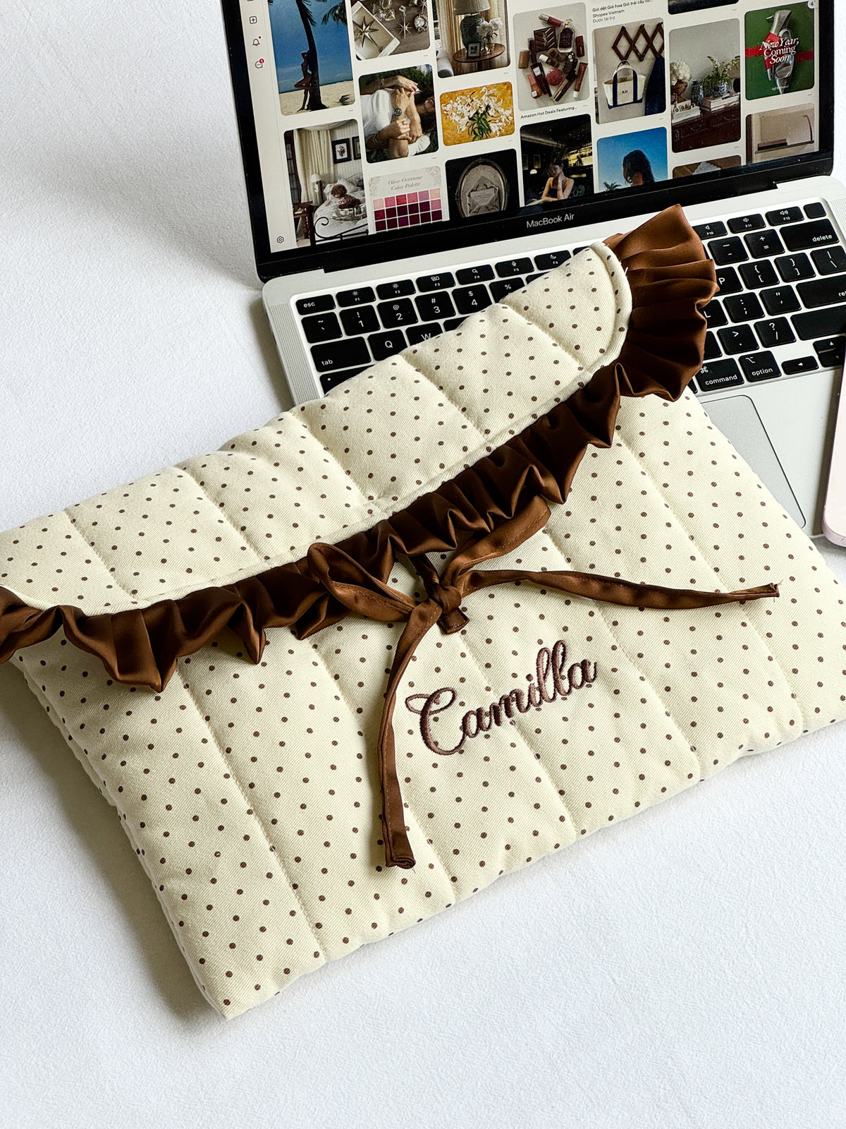 Laptop Sleeve - Polka Satin Ruffle - Custom Name