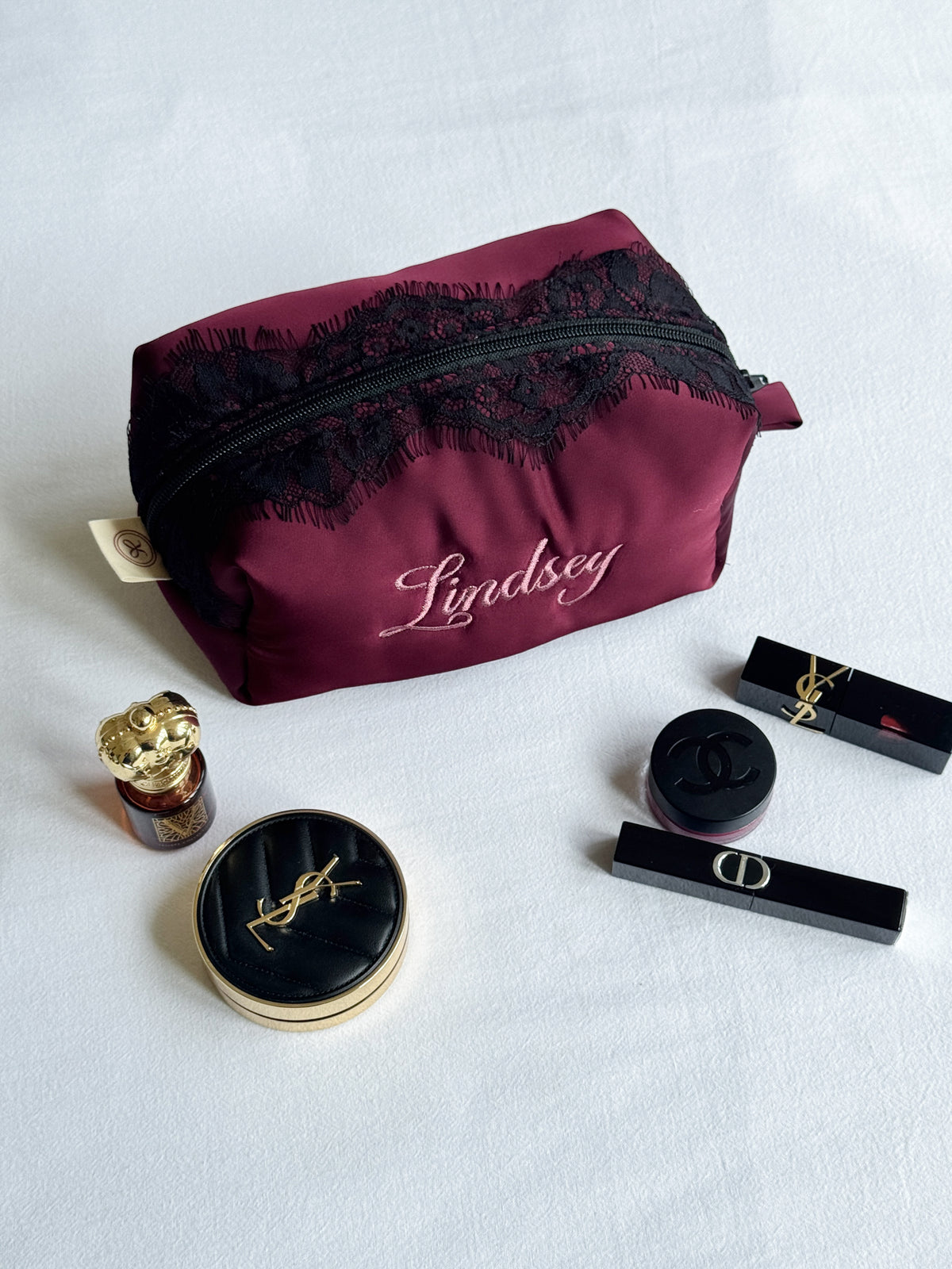Makeup Pouch - Burgundy Lace - Custom Name
