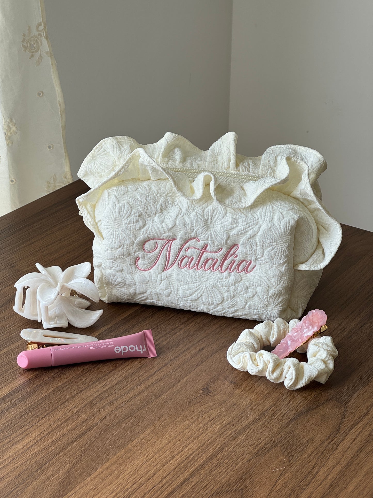 Makeup Pouch - White Garden 2 - Custom Name