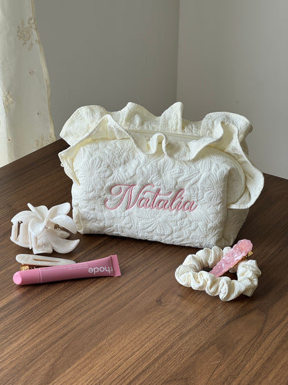 Makeup Pouch - White Garden 2 - Custom Name