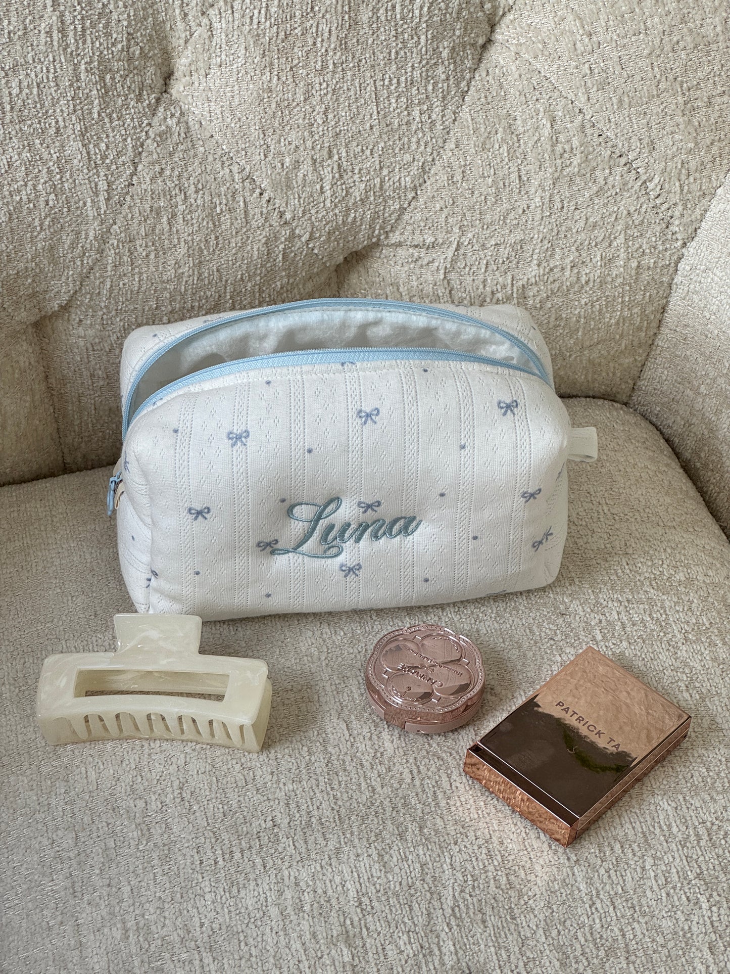 Makeup Pouch - Blue Ribbon - Custom Name