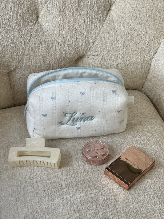 Makeup Pouch - Blue Ribbon - Custom Name