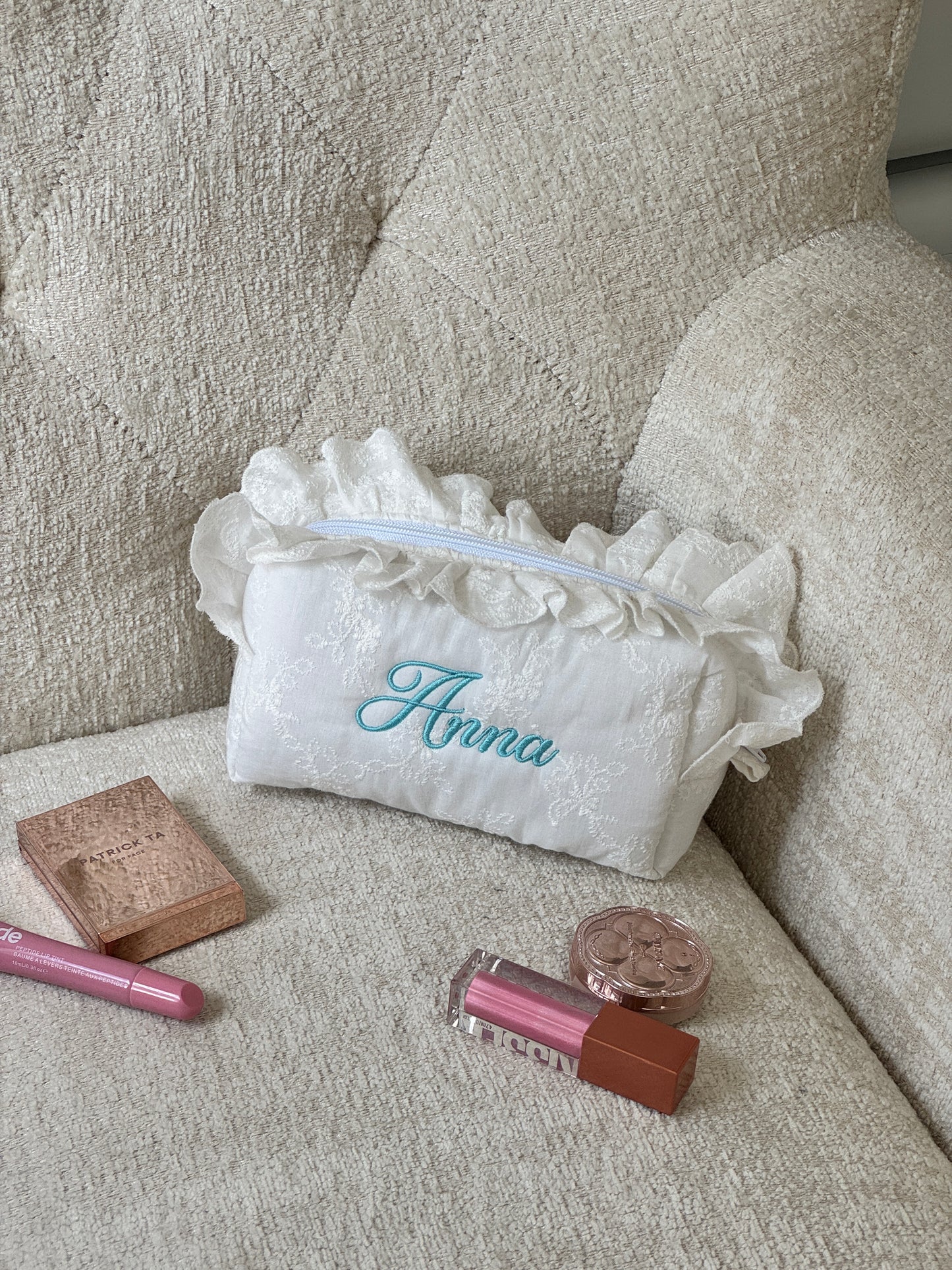 Makeup Pouch - White Bloom 2 - Custom Name
