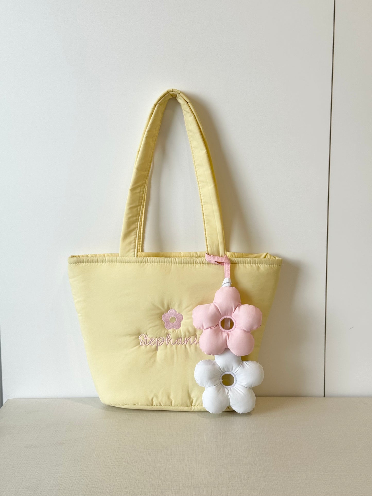 Personalized Puffer Shoulder Bag with Embroidered Name & Flower - 14x10 inches
