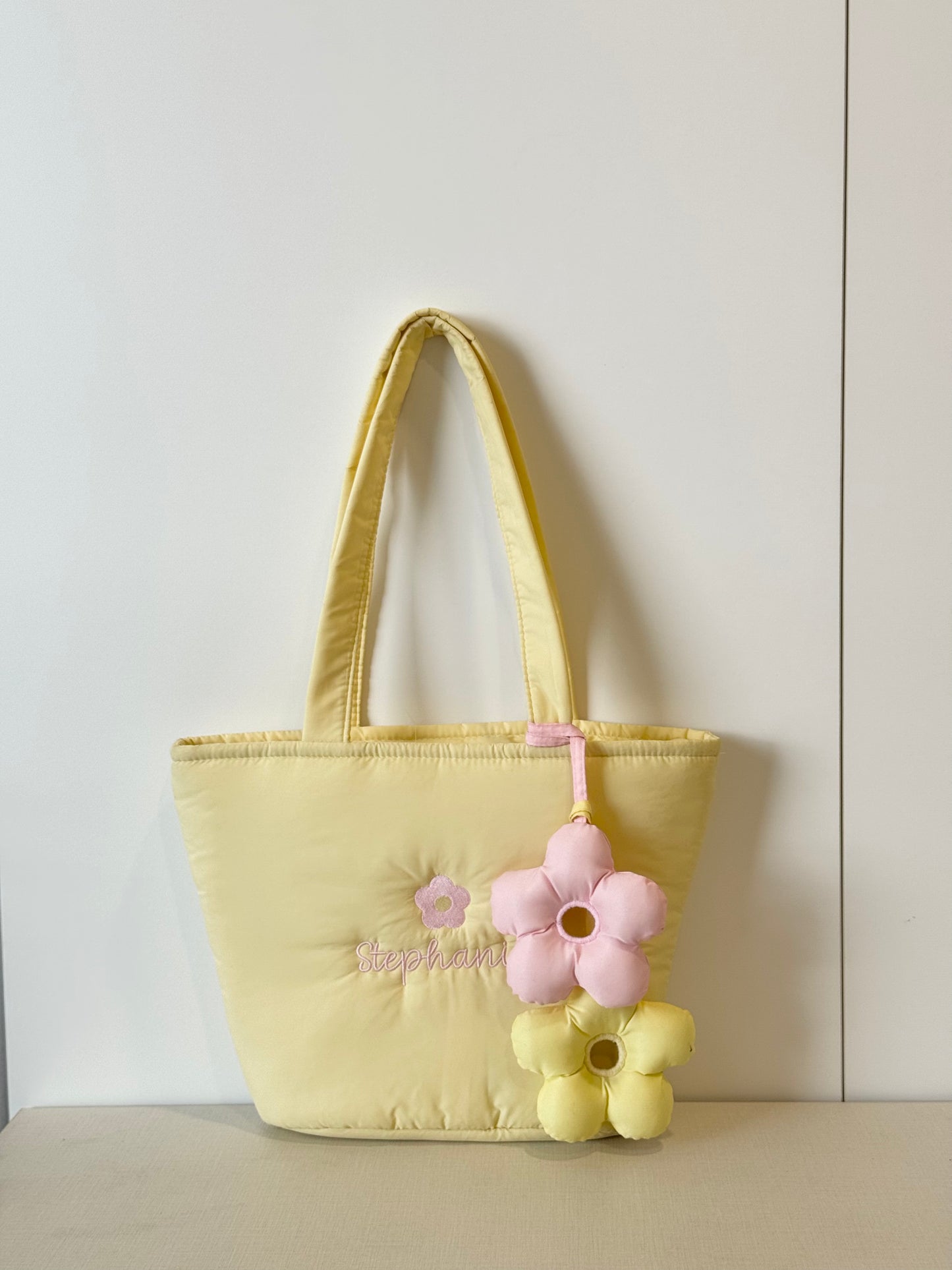 Personalized Puffer Shoulder Bag with Embroidered Name & Flower - 14x10 inches