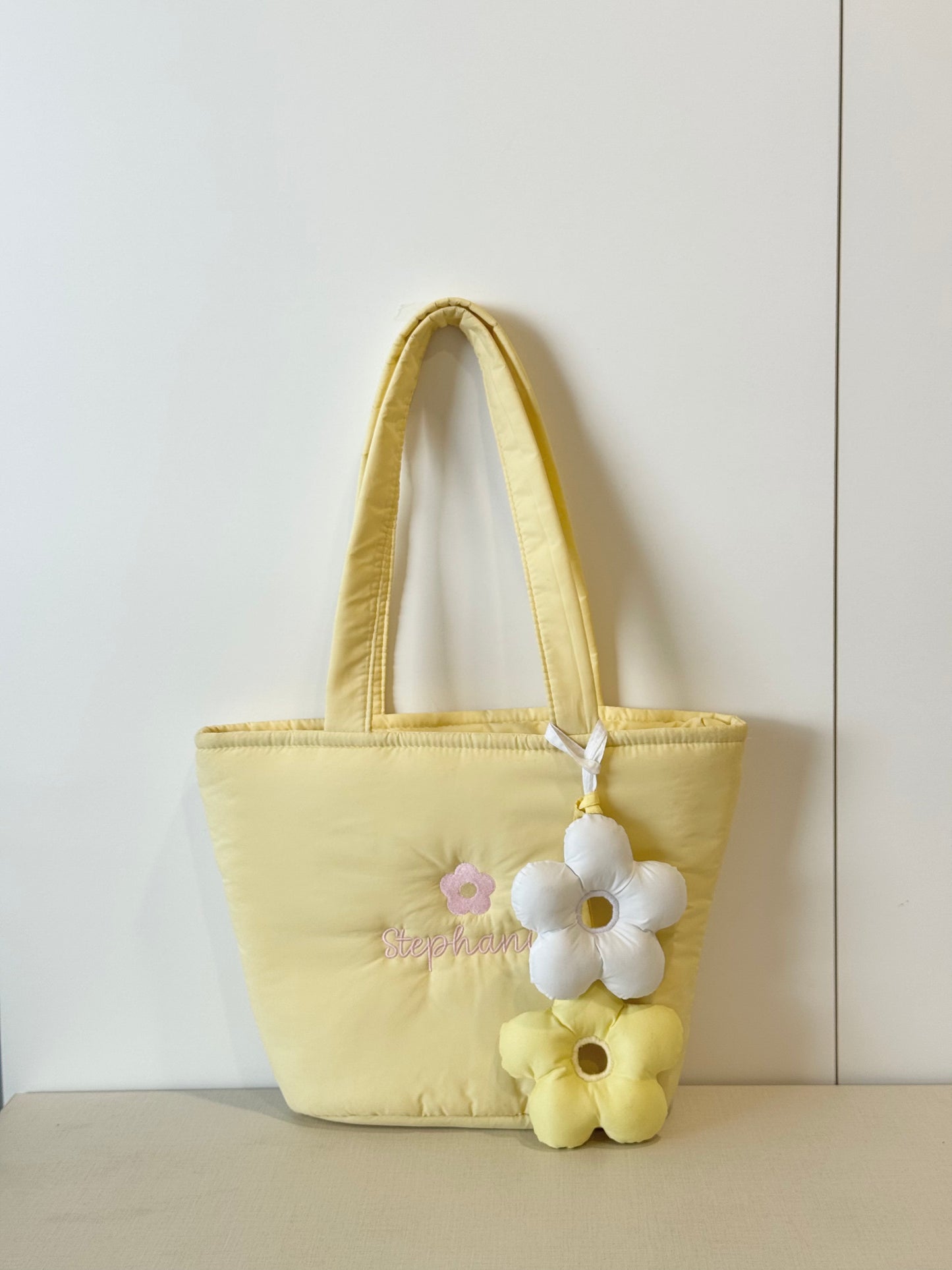 Personalized Puffer Shoulder Bag with Embroidered Name & Flower - 14x10 inches