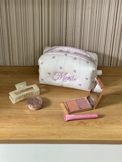 Makeup Pouch - Lavender Hearts - Custom Name
