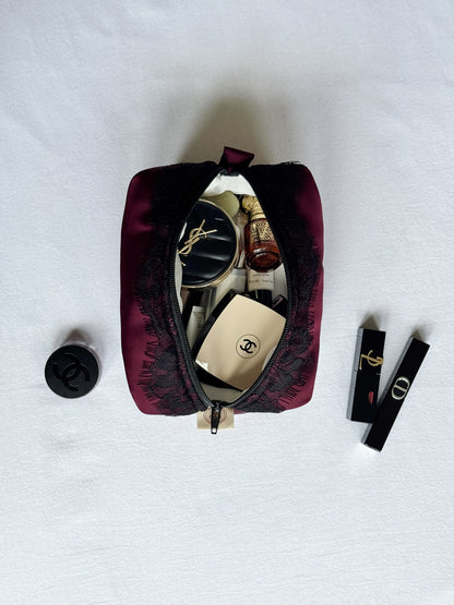 Makeup Pouch - Burgundy Lace - Custom Name