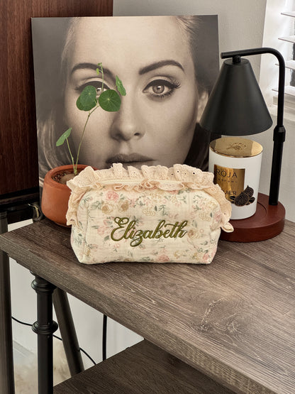 Makeup Pouch - Vintage Rose - Custom Name