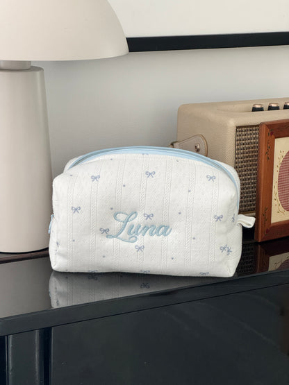 Makeup Pouch - Blue Ribbon - Custom Name