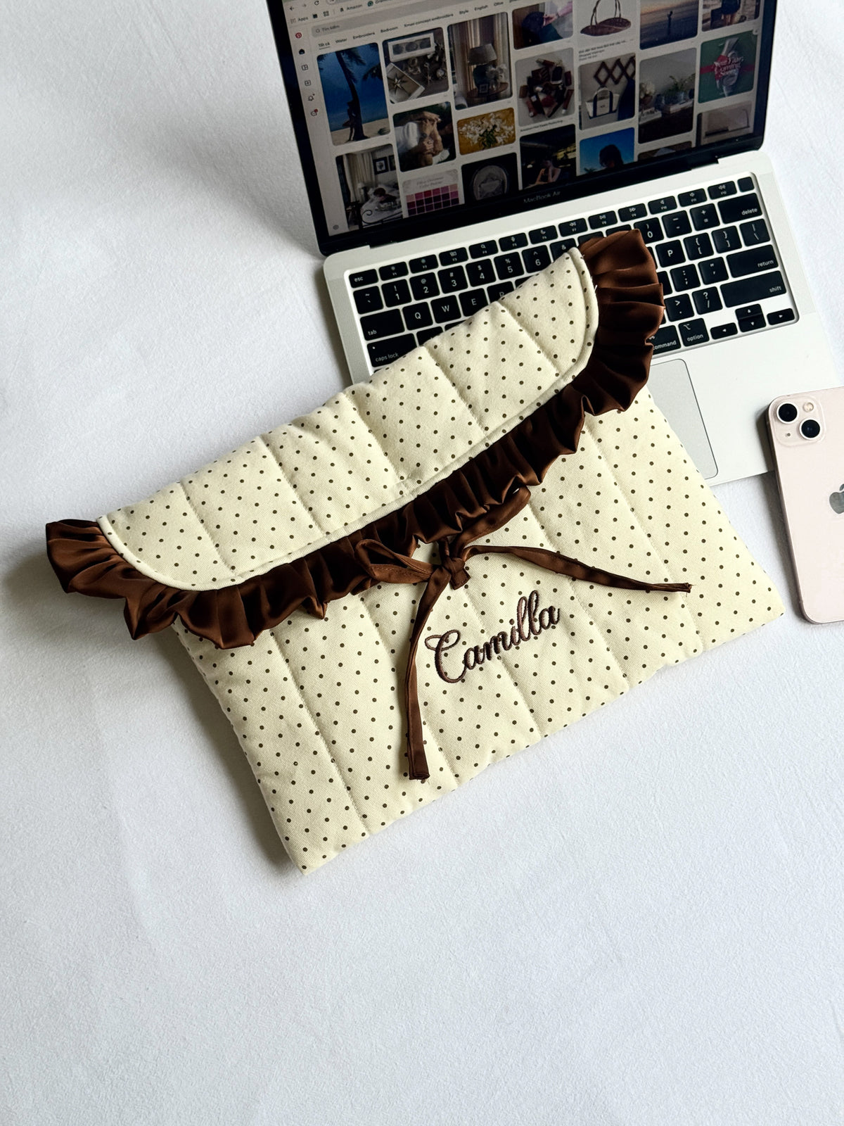 Laptop Sleeve - Polka Satin Ruffle - Custom Name