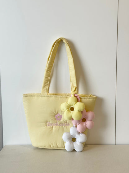 Personalized Puffer Shoulder Bag with Embroidered Name & Flower - 14x10 inches
