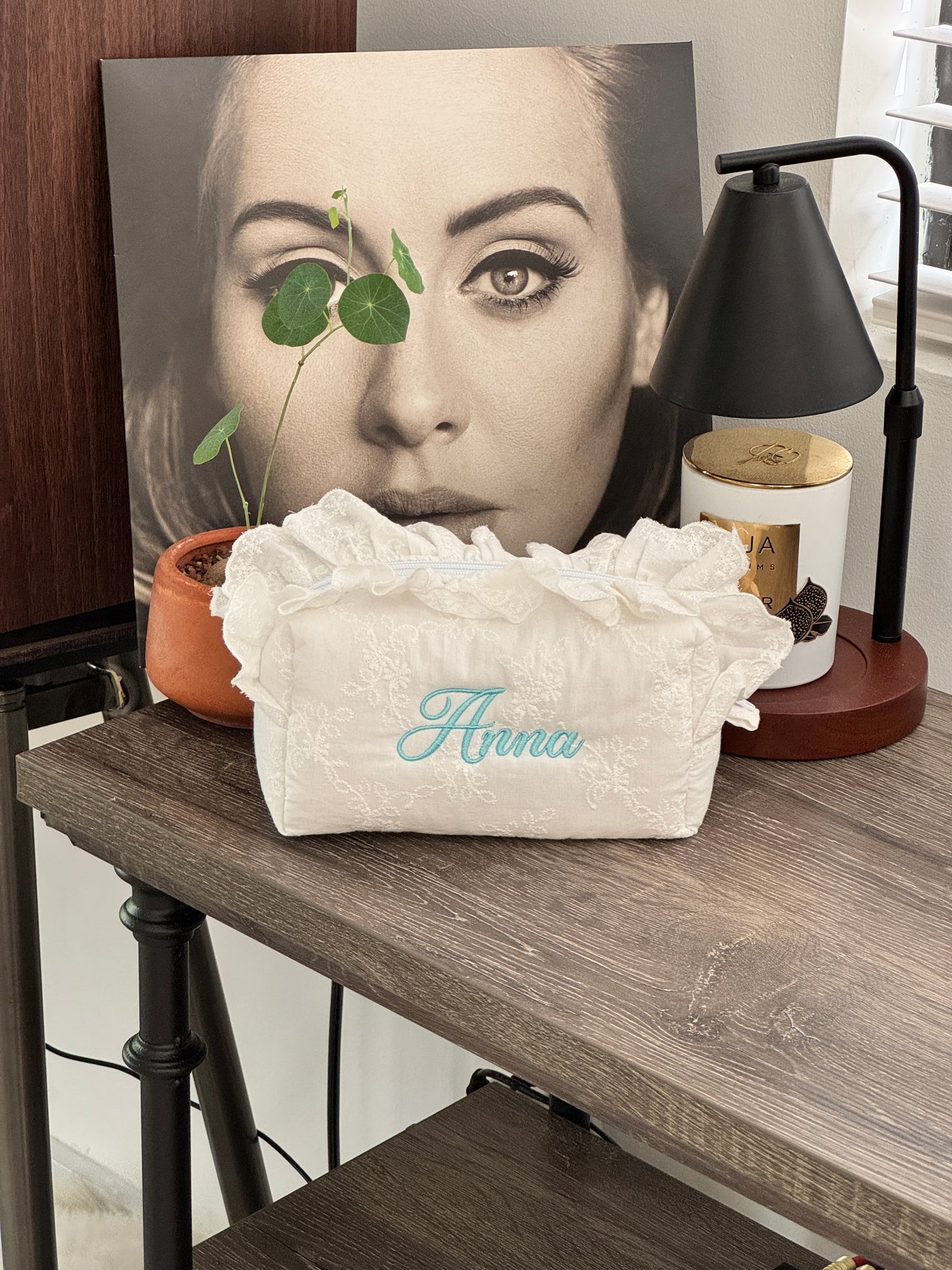 Makeup Pouch - White Bloom 2 - Custom Name