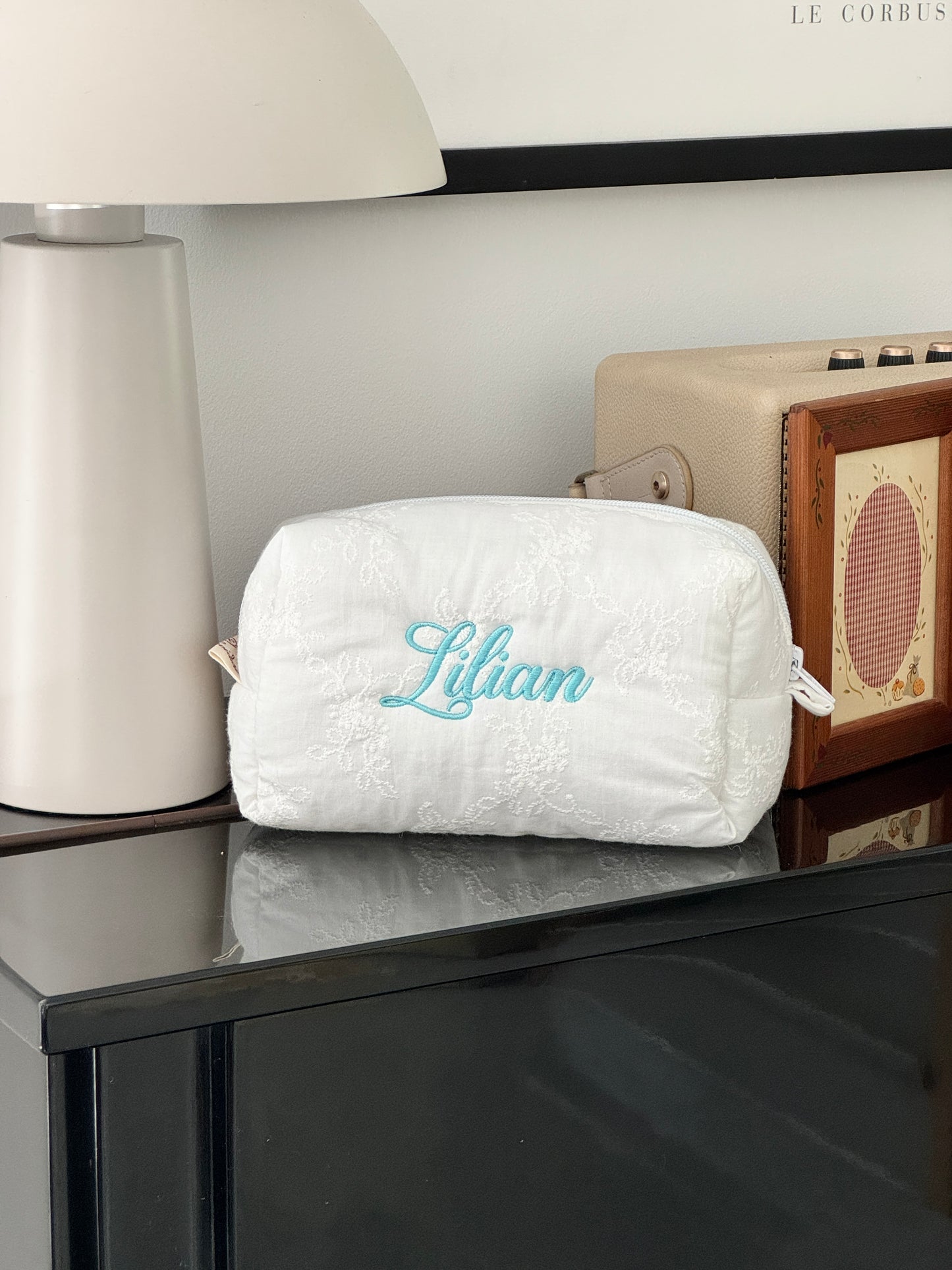 Makeup Pouch - White Bloom - Custom Name