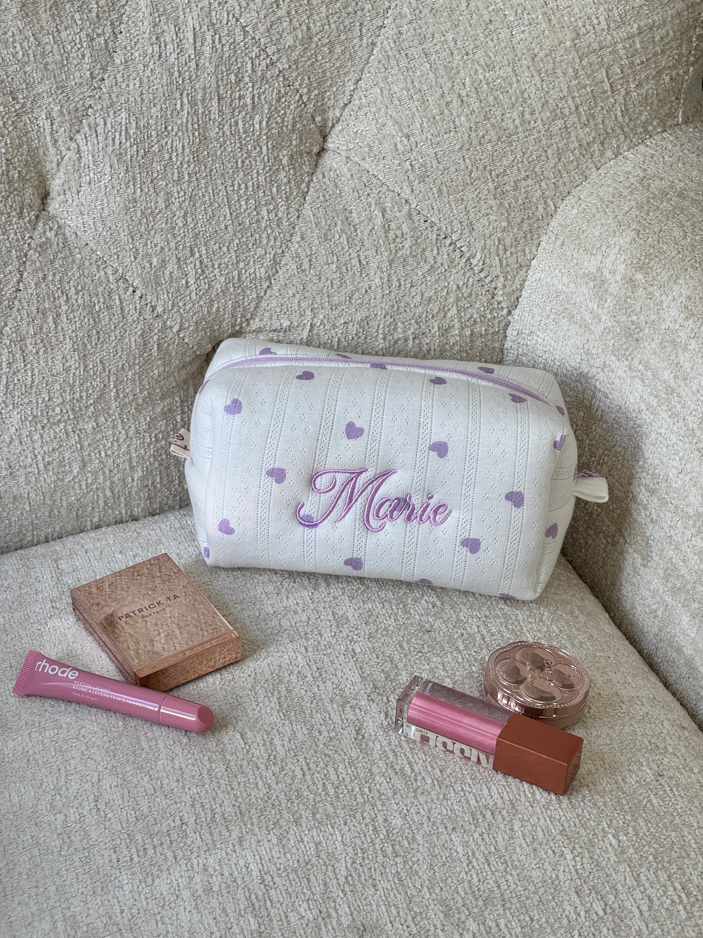 Makeup Pouch - Lavender Hearts - Custom Name