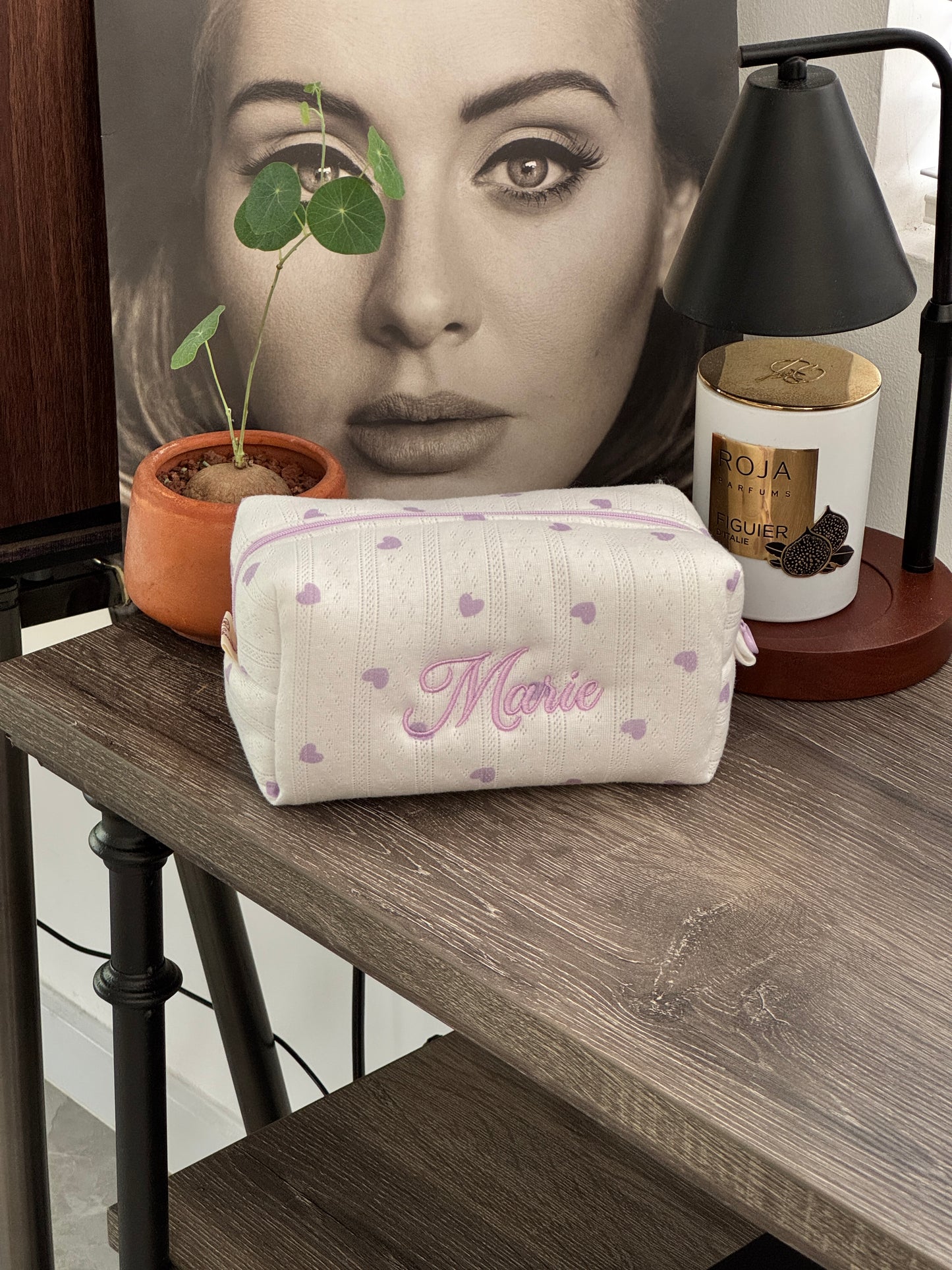 Makeup Pouch - Lavender Hearts - Custom Name