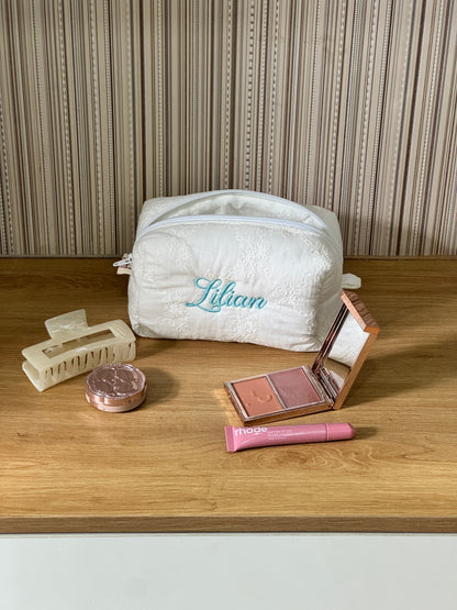 Makeup Pouch - White Bloom - Custom Name