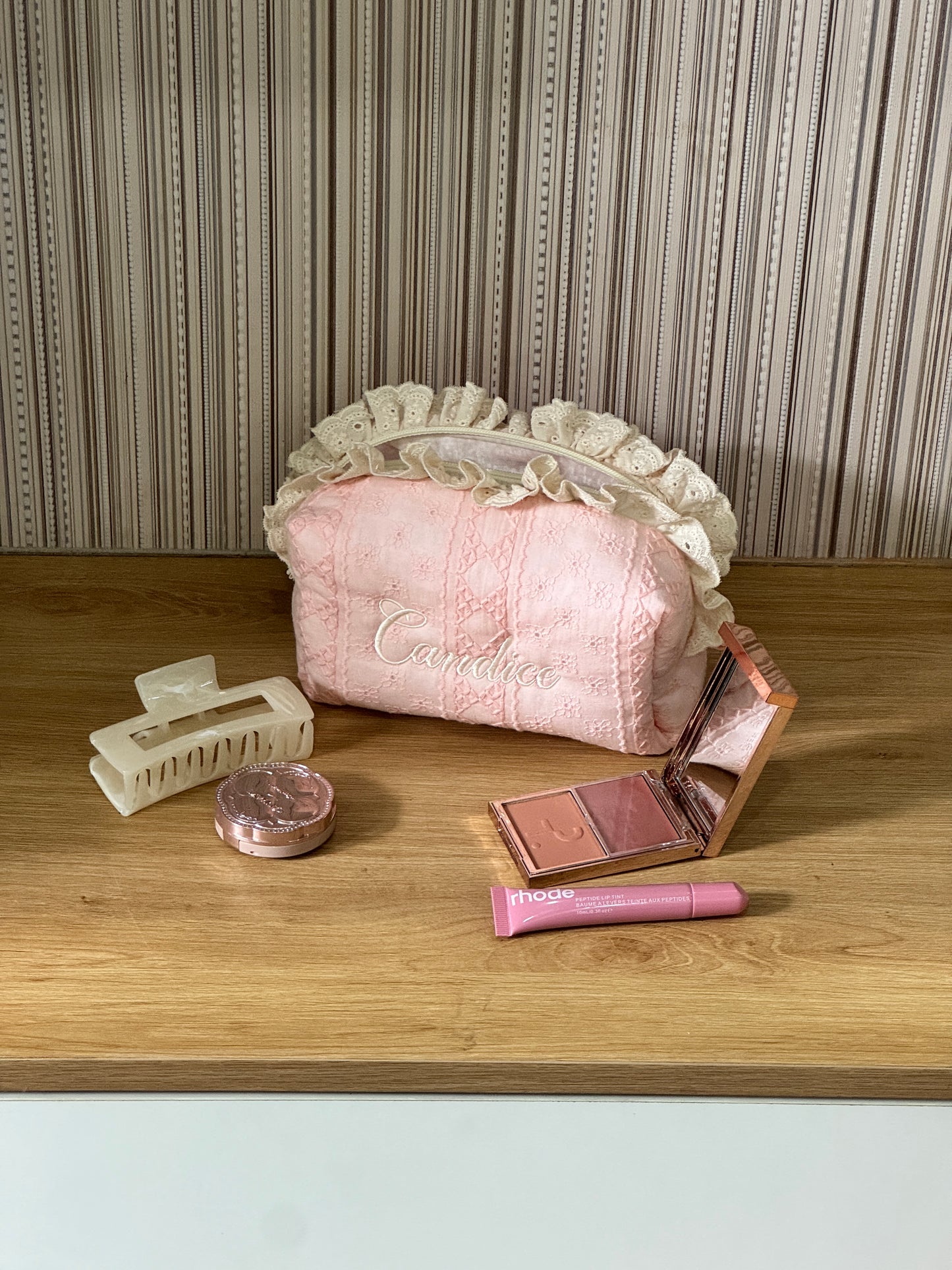 Makeup Pouch - Blush Lace - Custom Name