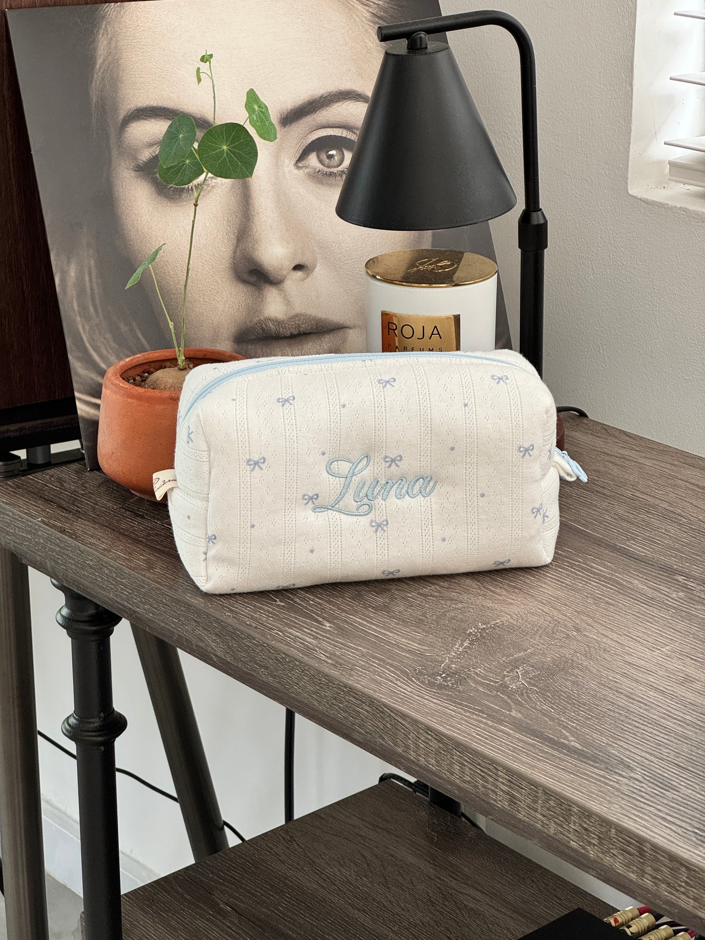 Makeup Pouch - Blue Ribbon - Custom Name
