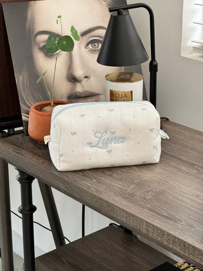 Makeup Pouch - Blue Ribbon - Custom Name