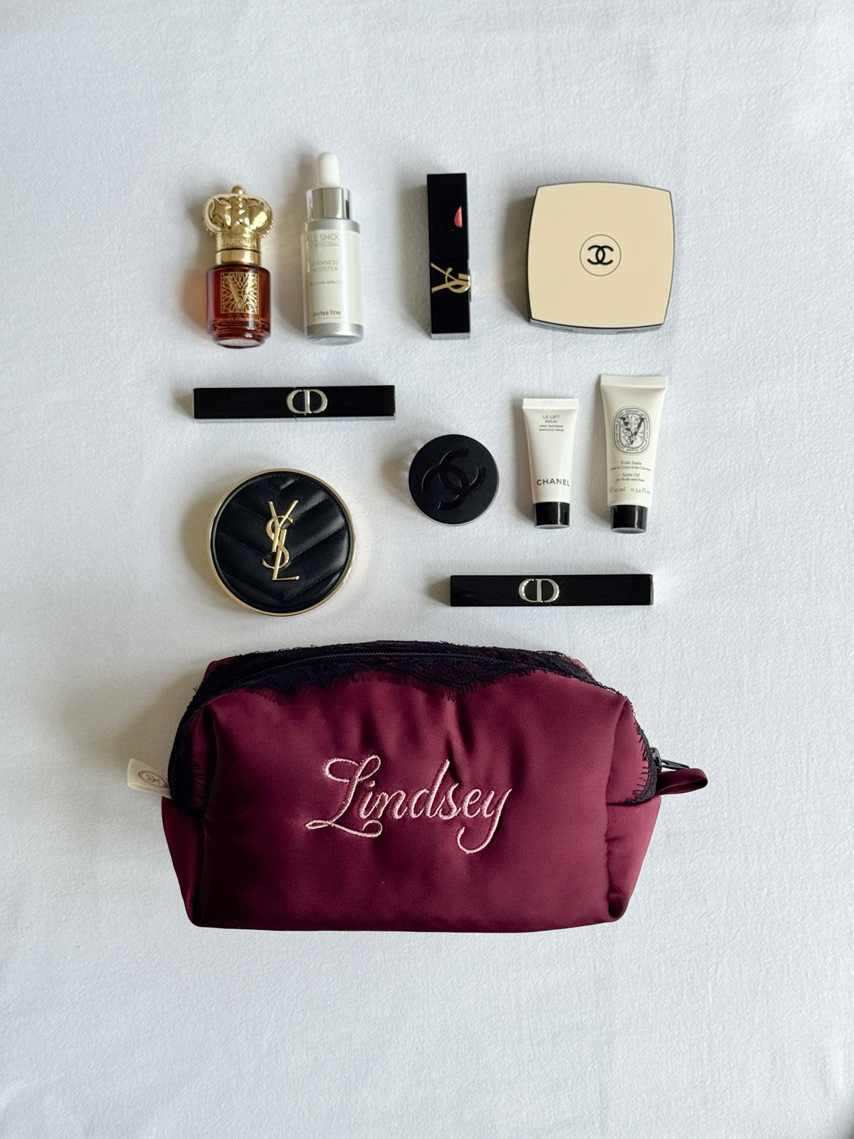 Makeup Pouch - Burgundy Lace - Custom Name
