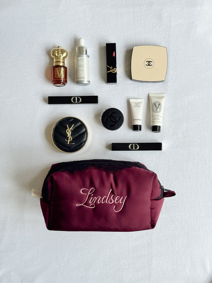 Makeup Pouch - Burgundy Lace - Custom Name