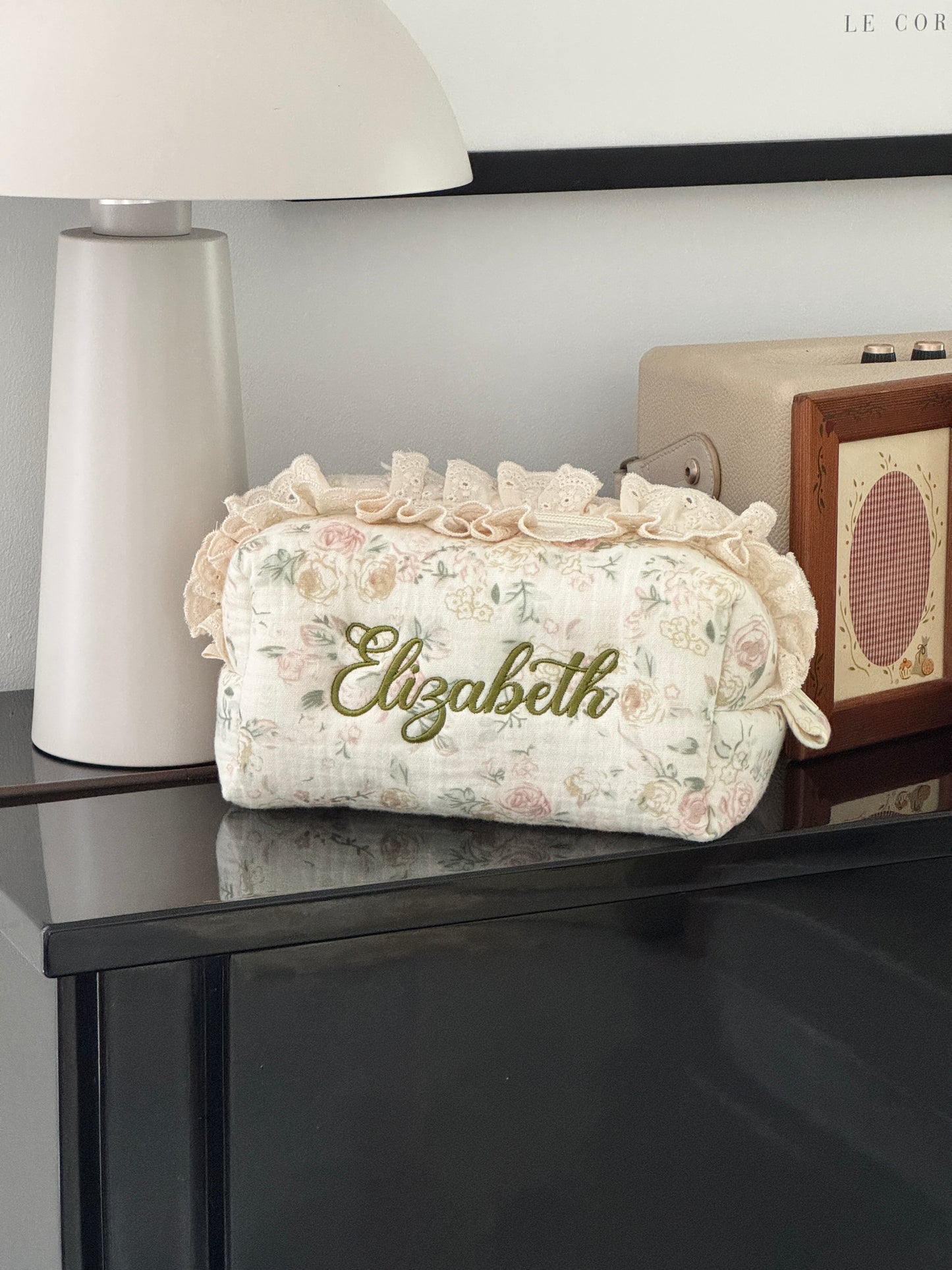 Makeup Pouch - Vintage Rose - Custom Name