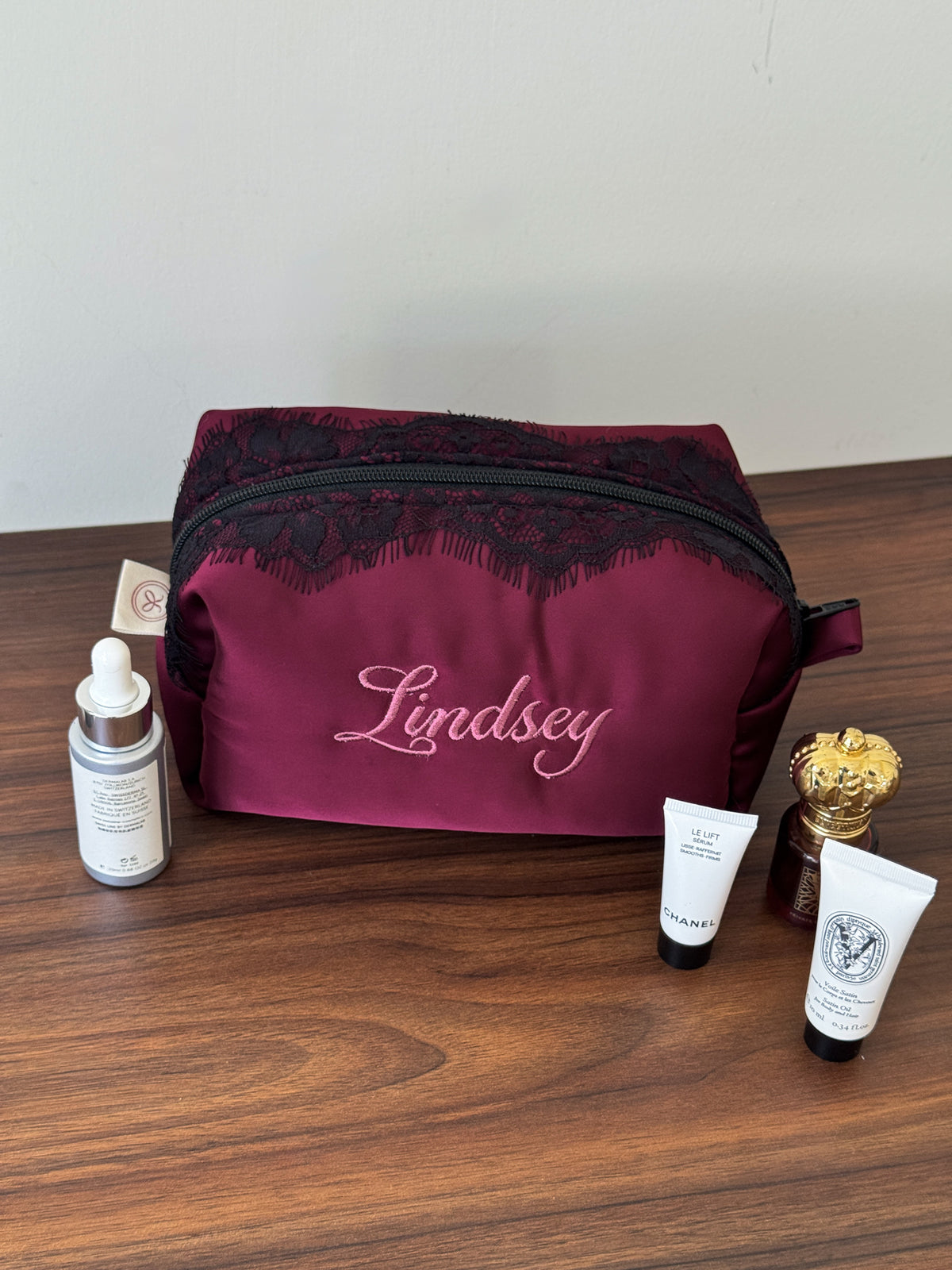 Makeup Pouch - Burgundy Lace - Custom Name