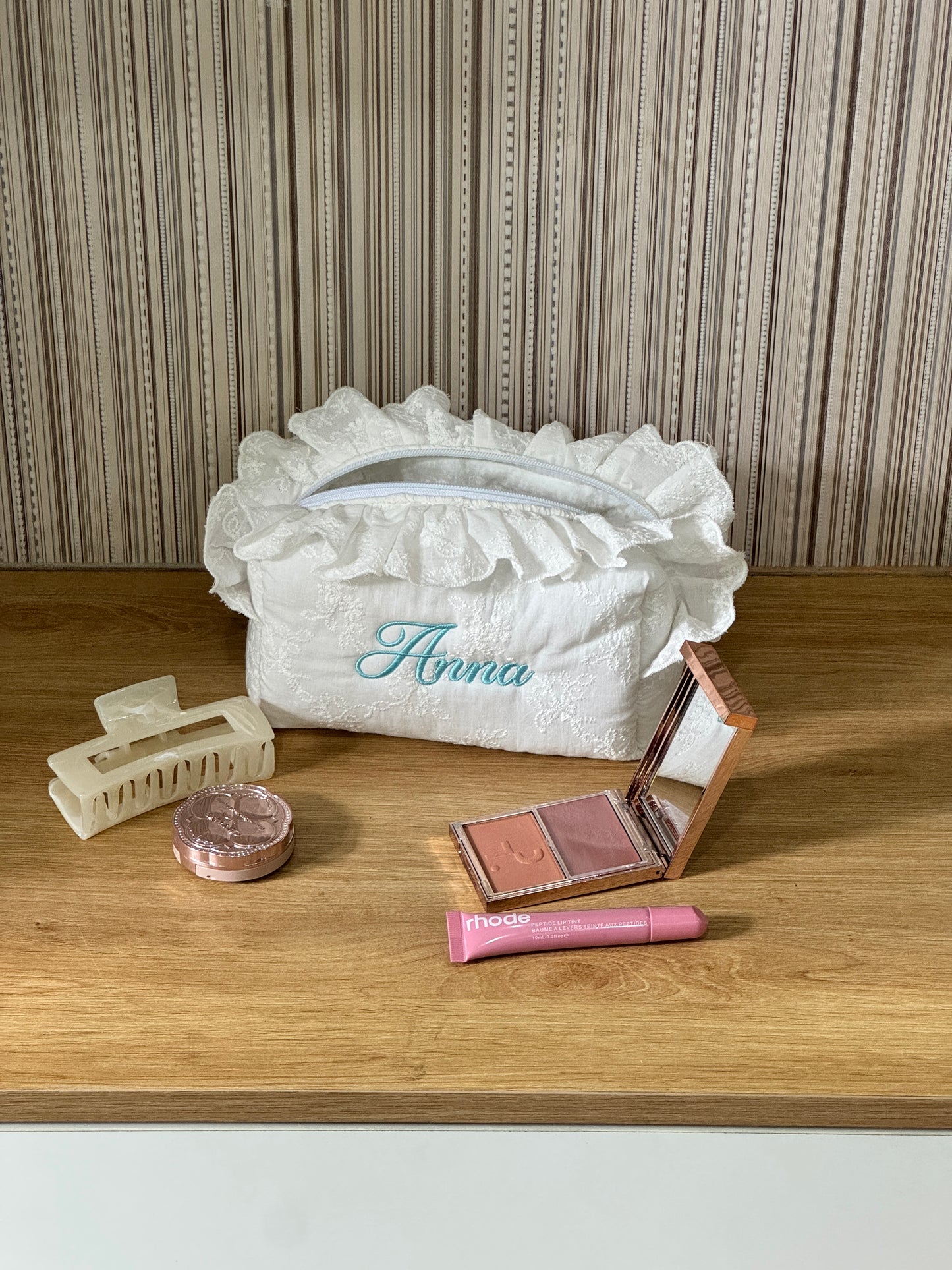 Makeup Pouch - White Bloom 2 - Custom Name