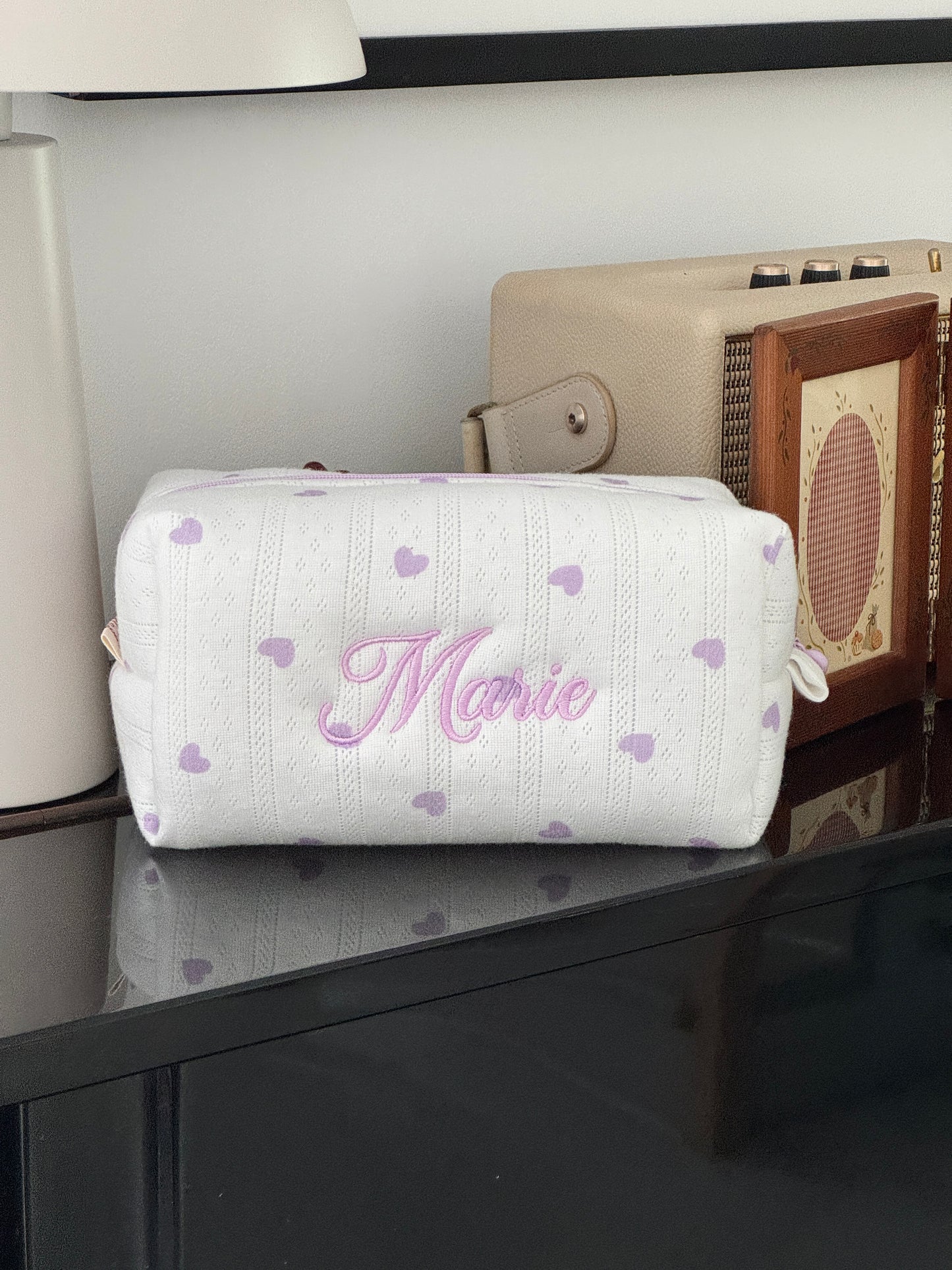 Makeup Pouch - Lavender Hearts - Custom Name