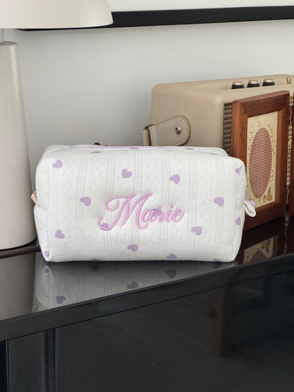 Makeup Pouch - Lavender Hearts - Custom Name